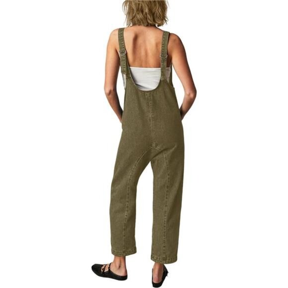 Women's High Roller Denim Overalls Casual Sleeveless Loose Baggy Green